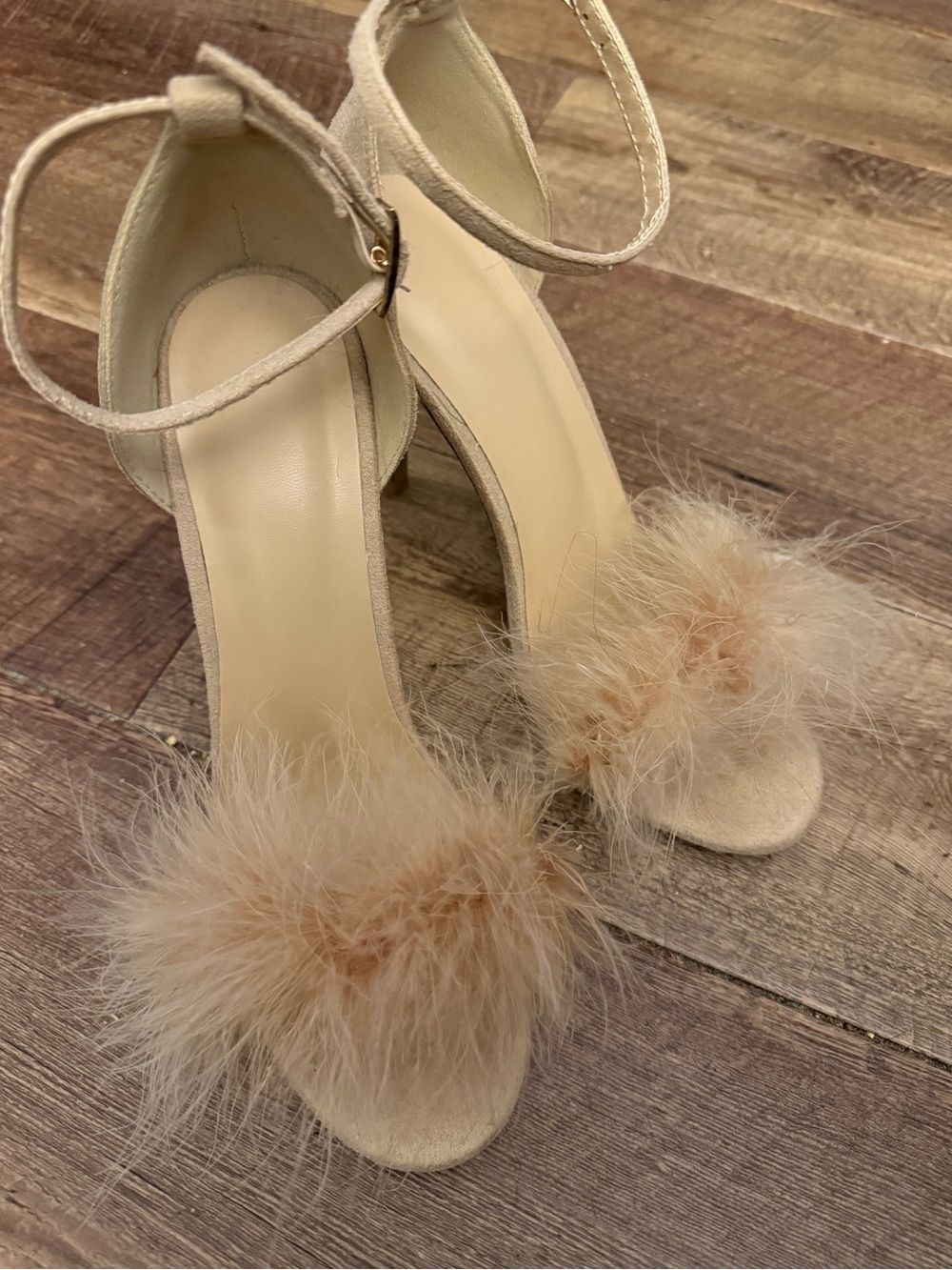 Women's Nude Feather Detail Ankle-Strap Heels